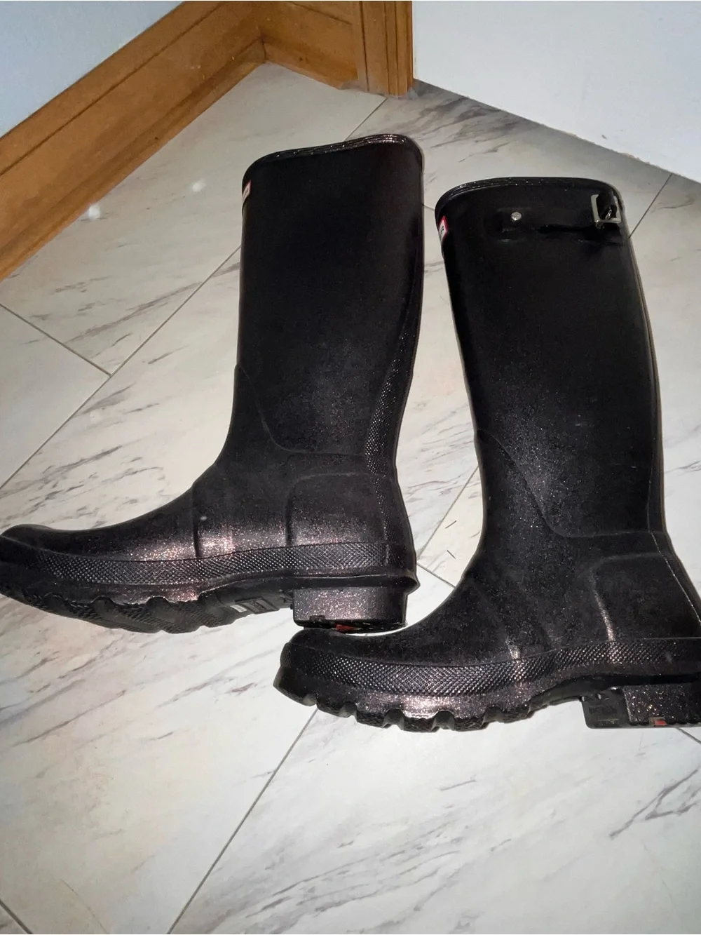 Hunter Original Starcloud Tall Rain Boots Size 7 Black/Dark Purple Glitter